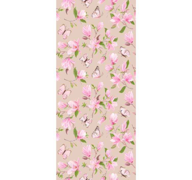 Papel tapiz floral diseño de magnolia rosa y mariposas - TenVinilo