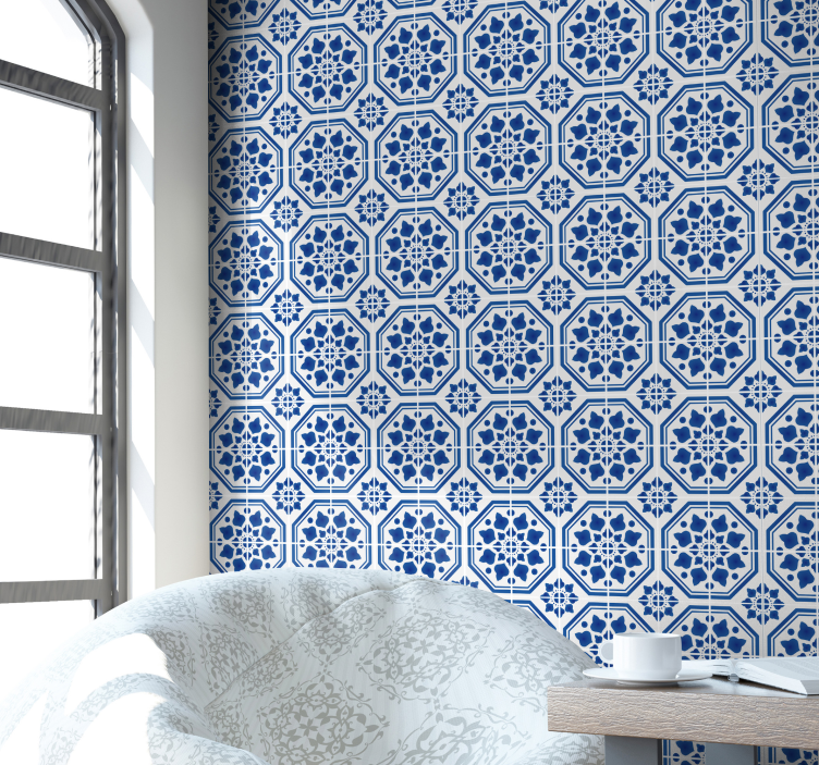Papel pintado azulejos hidráulicos azules - TenVinilo