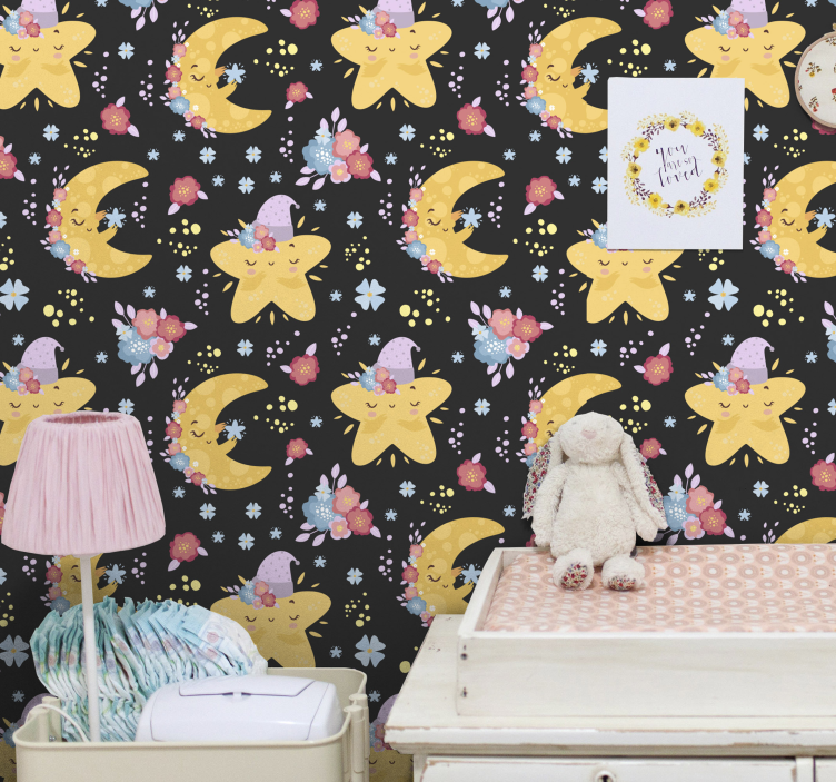 Papel pintado infantil de luna y estrellas - TenVinilo