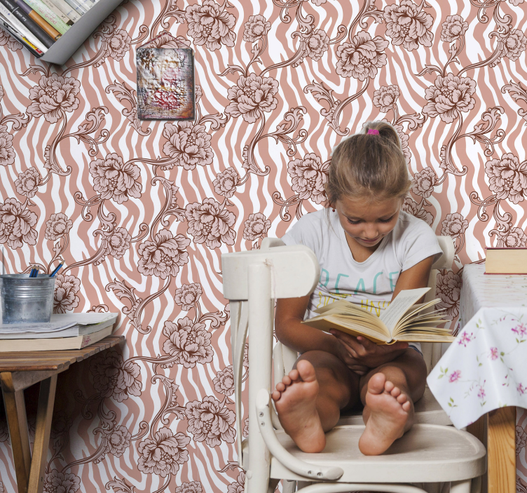 Papel pintado flores estampado de cebra - TenVinilo