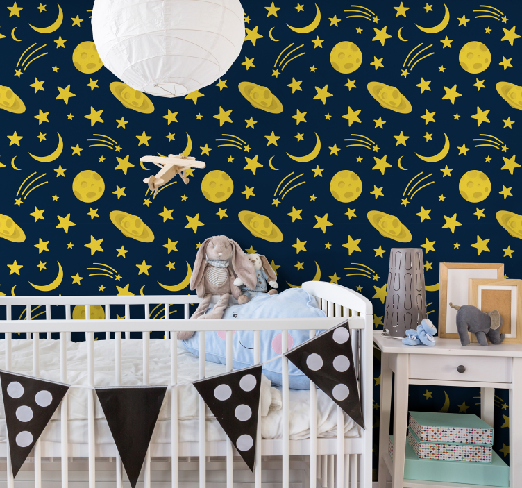 Papel pintado infantil de luna y estrellas azul - TenVinilo