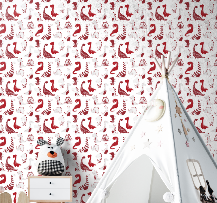 Papel pintado infantil dinosaurios rojos - TenVinilo