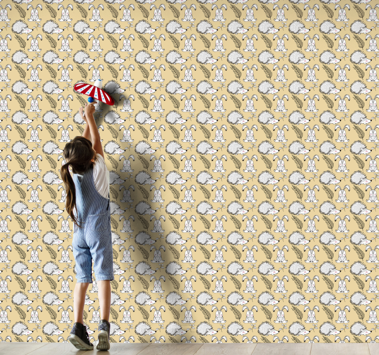 Papel pintado infantil erizos y conejos felices - TenVinilo