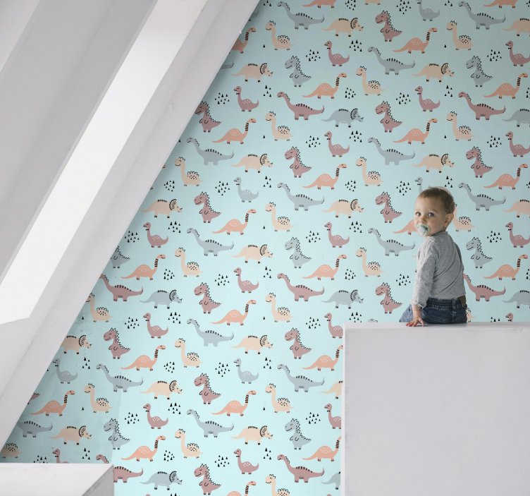 papel pintado infantil fondo azul y dinosaurio - TenVinilo