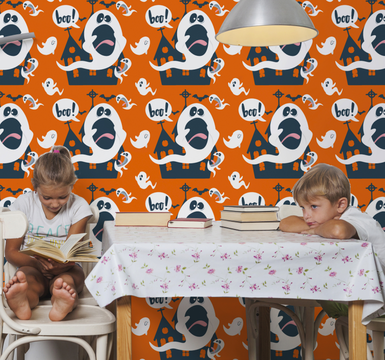 Papel pintado infantil naranja de fantasmas - TenVinilo
