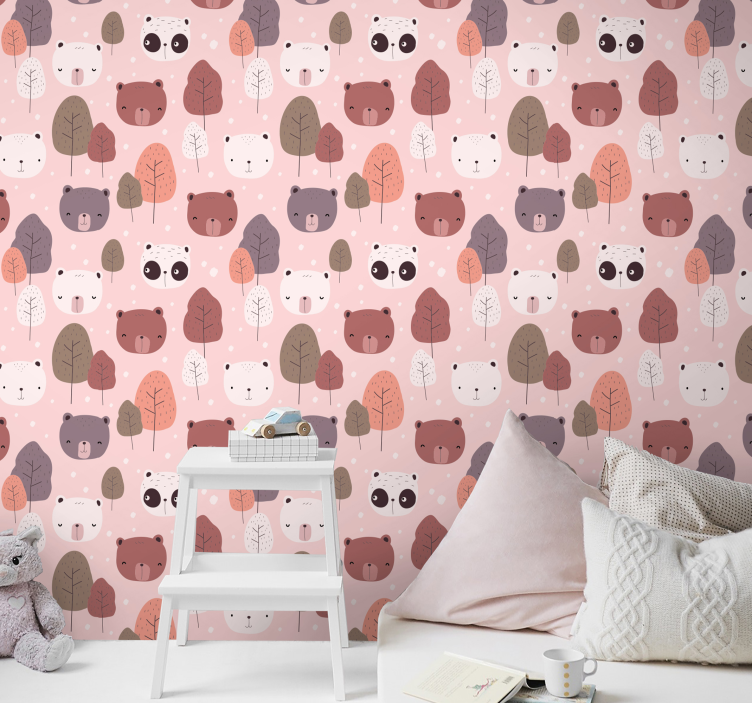Papel pintado infantil rosa de osos panda - TenVinilo
