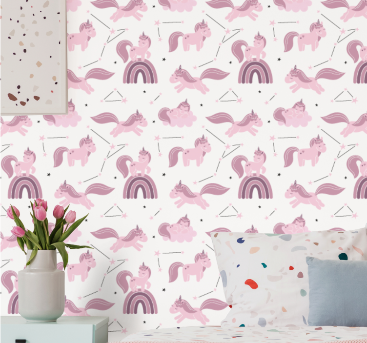 Papel pintado infantil Unicornios divertidos con constelaciones d - TenVinilo