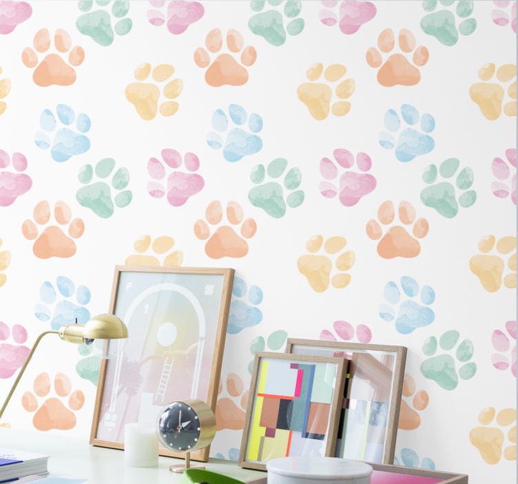 Papel pintado para oficinas Patas de mascota de colores pastel - TenVinilo