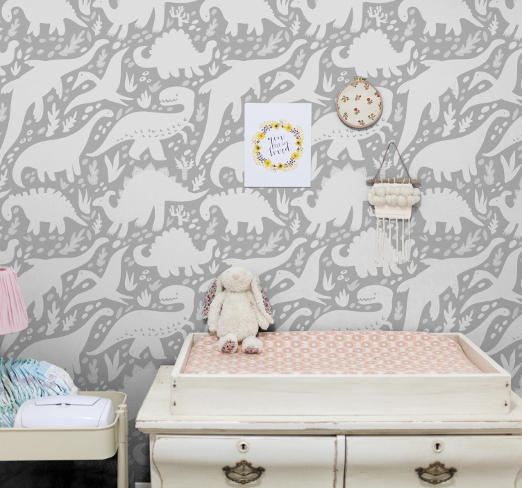 Papel pintado dinosaurios blanco y gris - TenVinilo