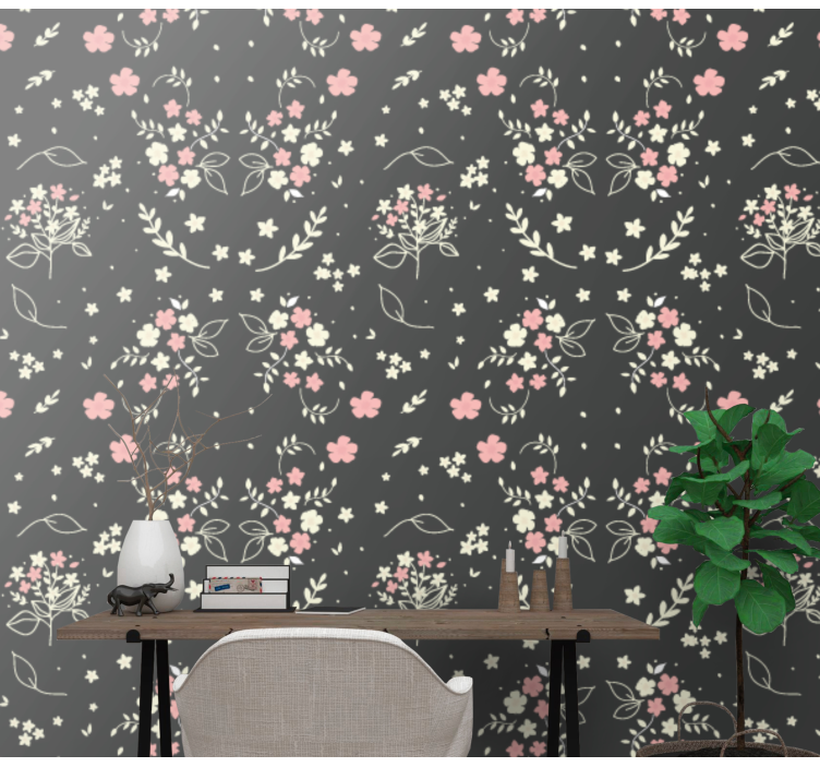 Papel pintado flores Fondo gris con poco rosa - TenVinilo