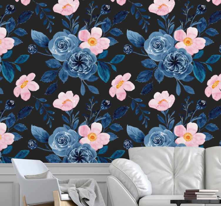 Papel pintado flores Patrón azul y rosa sobre fondo negro - TenVinilo