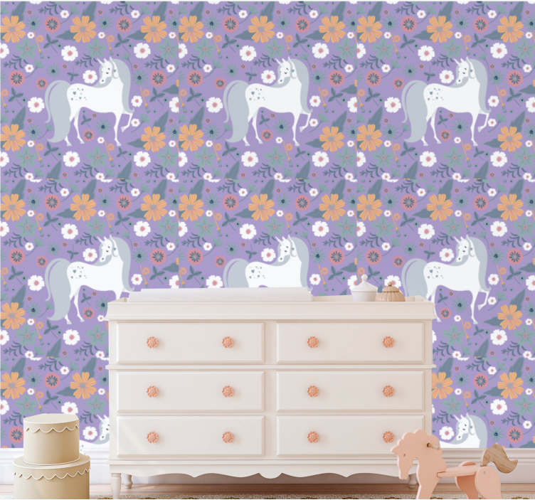 Papel tapiz animales patrón floral unicornio - TenVinilo