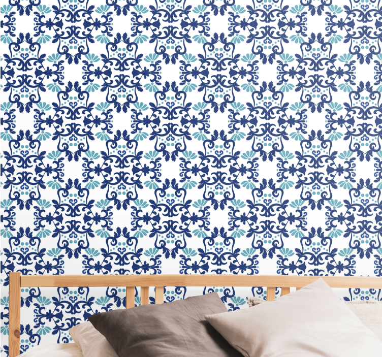 Papel tapiz azulejos mosaico azul adornado - TenVinilo