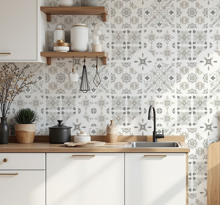 Papel tapiz cocina azulejos de mosaico grises - TenVinilo