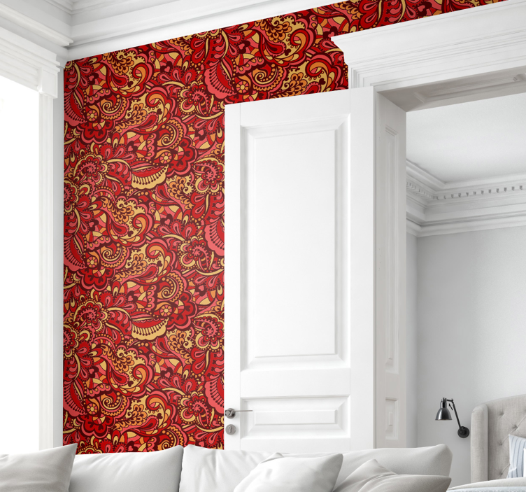 Papel tapiz floral patrón adornado rojo - TenVinilo