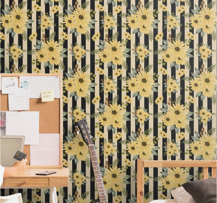 Papel tapiz floral patrón de girasol a rayas - TenVinilo