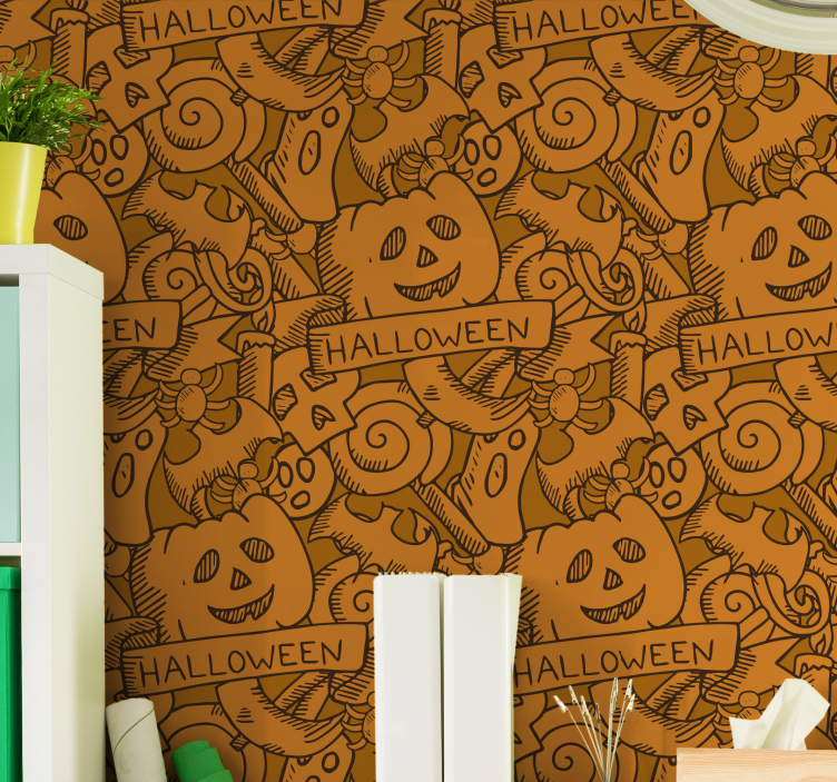 Papel tapiz Halloween alegre motivo naranja - TenVinilo