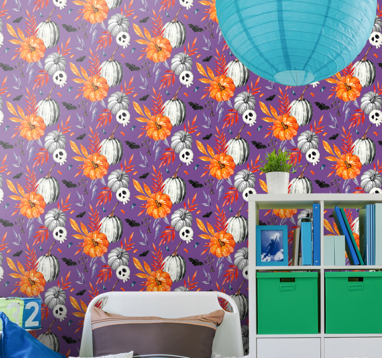 Papel tapiz Halloween calaveras florales naranjas - TenVinilo