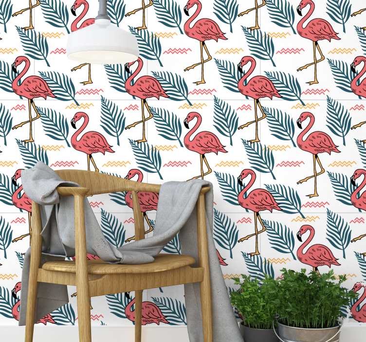 Papel tapiz pájaros estampado tropical de flamencos - TenVinilo
