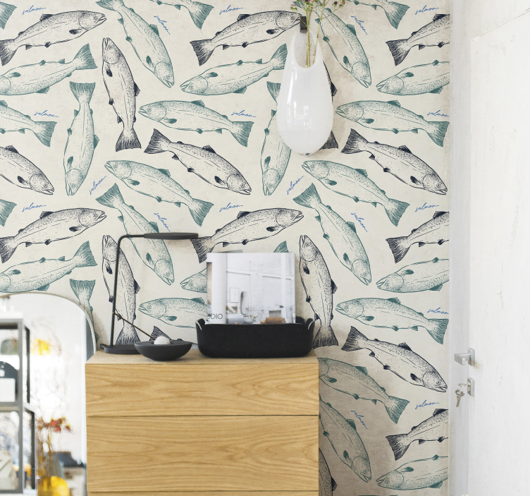 Papel tapiz peces ilustración de salmón - TenVinilo